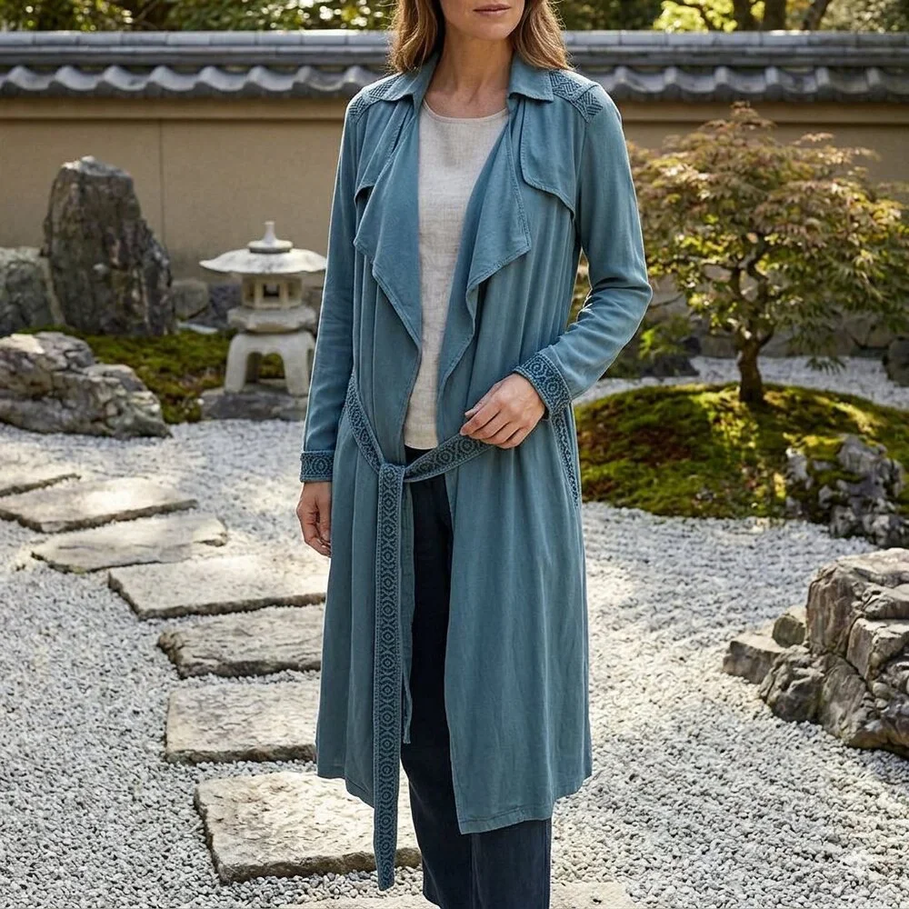 POL Lightweight Embroidered Aztec Teal Midi Trench Duster Coat Size - Small NEW - Picture 1 of 7